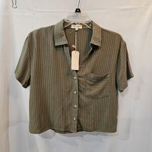 Love Notes Sage Green Pinstripe Sz L WOMENS Cropped Cottagecore Classic Utility